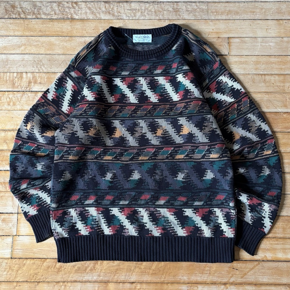 VTG 90s Grandpa Sweater Colorful 3D Knit Fall Autumn Cotton Size L Made In USA